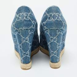 Pre Owned Gucci Blue GG Denim Charlotte Horsebit Peep Toe Wedge Pumps Size 39.5