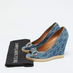 Pre Owned Gucci Blue GG Denim Charlotte Horsebit Peep Toe Wedge Pumps Size 39.5
