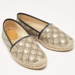Pre Owned Gucci Beige/Brown GG Supreme Canvas Bee Espadrille Flats Size 38.5