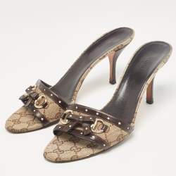 Gucci Brown/Beige GG Canvas Horsebit Bow Slide Sandals Size 38