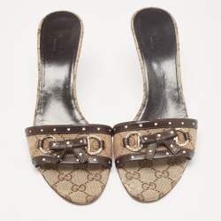 Gucci Brown/Beige GG Canvas Horsebit Bow Slide Sandals Size 38