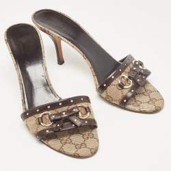 Gucci Brown/Beige GG Canvas Horsebit Bow Slide Sandals Size 38