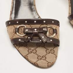 Gucci Brown/Beige GG Canvas Horsebit Bow Slide Sandals Size 38