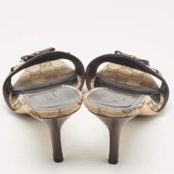 Gucci Brown/Beige GG Canvas Horsebit Bow Slide Sandals Size 38