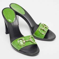 Gucci Green Patent Leather Horsebit Slide Sandals Size 38.5