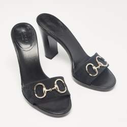 Gucci Navy Blue GG Canvas Horsebit Slide Sandals Size 38.5