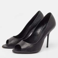 Gucci Black Guccissima Leather Open Toe Pumps Size 38
