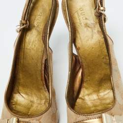 Pre Owned صندل غوتشي جلد وكانفاس جي جي كريستال بيج/بني مقدمة مفتوحة بحزام للكاحل مقاس 39