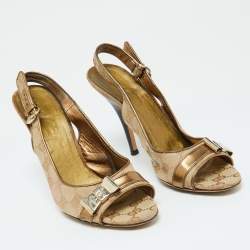 Pre Owned صندل غوتشي جلد وكانفاس جي جي كريستال بيج/بني مقدمة مفتوحة بحزام للكاحل مقاس 39