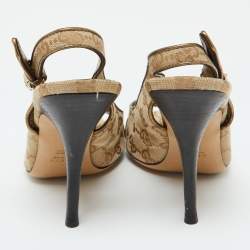 Pre Owned صندل غوتشي جلد وكانفاس جي جي كريستال بيج/بني مقدمة مفتوحة بحزام للكاحل مقاس 39