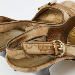 Pre Owned صندل غوتشي جلد وكانفاس جي جي كريستال بيج/بني مقدمة مفتوحة بحزام للكاحل مقاس 39