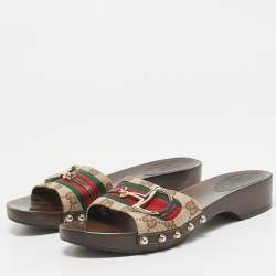 Gucci Brown Canvas and Leather Web Slide Sandals Size 37.5