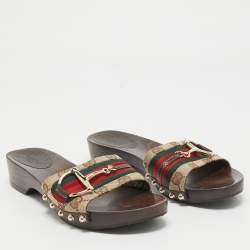 Gucci Brown Canvas and Leather Web Slide Sandals Size 37.5