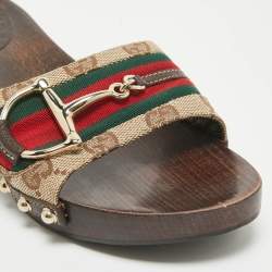 Gucci Brown Canvas and Leather Web Slide Sandals Size 37.5