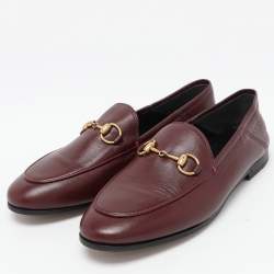 Gucci Burgundy Leather Jordaan Horsebit Loafers Size 35