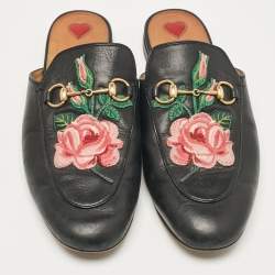 Pre Owned Gucci Black Leather Princetown Mules Size 38.5