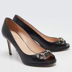 Gucci Black Leather Open Toe Platform Pumps Size 38.5