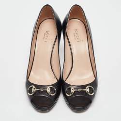 Gucci Black Leather Open Toe Platform Pumps Size 38.5