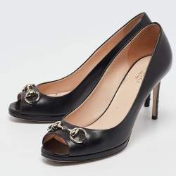 Gucci Black Leather Open Toe Platform Pumps Size 38.5