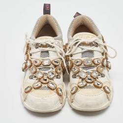 Gucci Cream Leather and Suede Flashtrek Lace Up Sneakers Size 37.5