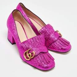 Gucci Pink Crinkled Leather GG Marmont Block Heel Pumps Size 37