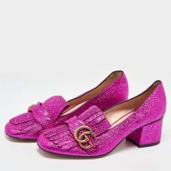 Gucci Pink Crinkled Leather GG Marmont Block Heel Pumps Size 37