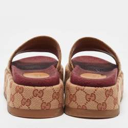 Gucci Beige GG Monogram Canvas Angelina Platform Slide Sandals Size 37.5