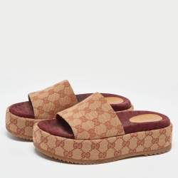 Gucci Beige GG Monogram Canvas Angelina Platform Slide Sandals Size 37.5