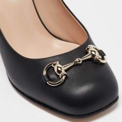 Pre Owned Gucci Black Leather Block Heel Pumps Size 37.5