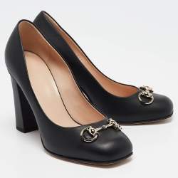 Pre Owned Gucci Black Leather Block Heel Pumps Size 37.5