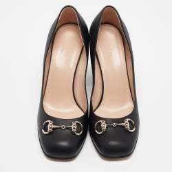 Pre Owned Gucci Black Leather Block Heel Pumps Size 37.5