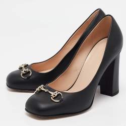 Pre Owned Gucci Black Leather Block Heel Pumps Size 37.5