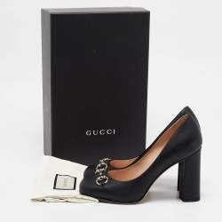 Pre Owned Gucci Black Leather Block Heel Pumps Size 37.5