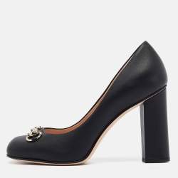 Pre Owned Gucci Black Leather Block Heel Pumps Size 37.5