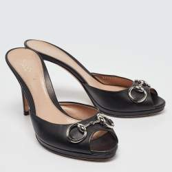 Gucci Black Leather Hollywood Slide Sandals Size 38.5