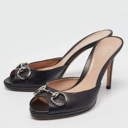 Gucci Black Leather Hollywood Slide Sandals Size 38.5