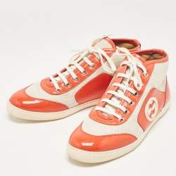 Pre Owned Gucci Orange Canvas and Patent Leather GG High Top Sneakers Size 37