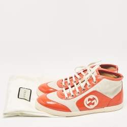 Pre Owned Gucci Orange Canvas and Patent Leather GG High Top Sneakers Size 37