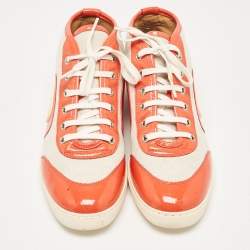 Pre Owned Gucci Orange Canvas and Patent Leather GG High Top Sneakers Size 37