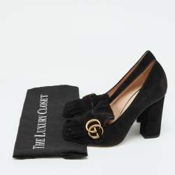مملوكة مسبقًا Gucci Black Suede GG Marmont Block Heel Pumps Size 38.5