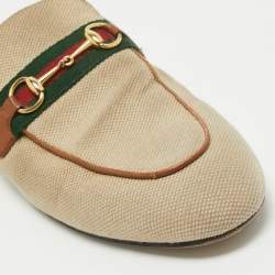 Gucci Beige Canvas Web Princetown Mules Size 40