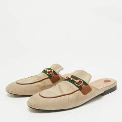 Gucci Beige Canvas Web Princetown Mules Size 40