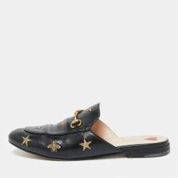 Gucci Black Leather Star and Bee Embroidered Princetown Mules Size 40.5