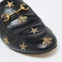 Gucci Black Leather Star and Bee Embroidered Princetown Mules Size 40.5