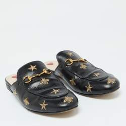 Gucci Black Leather Star and Bee Embroidered Princetown Mules Size 40.5
