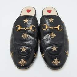 Gucci Black Leather Star and Bee Embroidered Princetown Mules Size 40.5