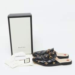 Gucci Black Leather Star and Bee Embroidered Princetown Mules Size 40.5