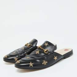 Gucci Black Leather Star and Bee Embroidered Princetown Mules Size 40.5