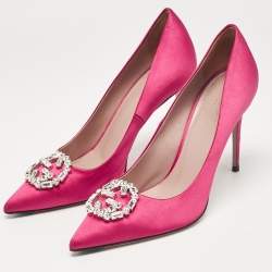 Gucci Pink Satin Crystal Embellished Interlocking G Pumps Size 38