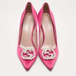 Gucci Pink Satin Crystal Embellished Interlocking G Pumps Size 38